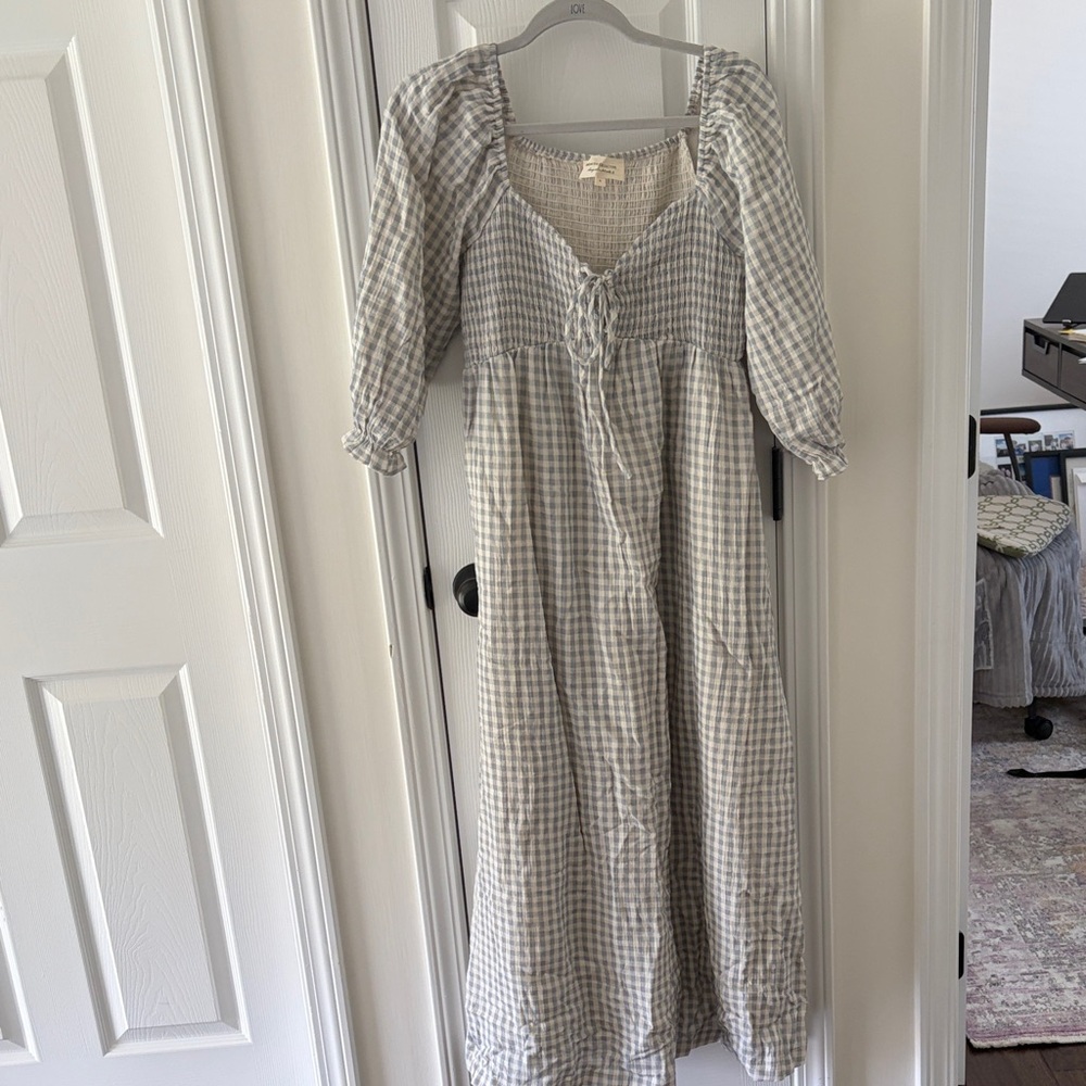 Gingham Smocked Maxi Dress in Light Blue and White